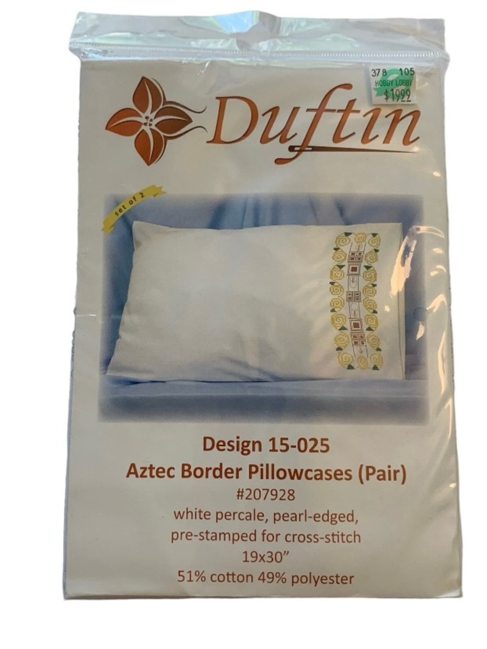 Share 2pc DUFTIN Stamped Cross Stitch Pillowcases Percale Aztec Boarder 15-025 #